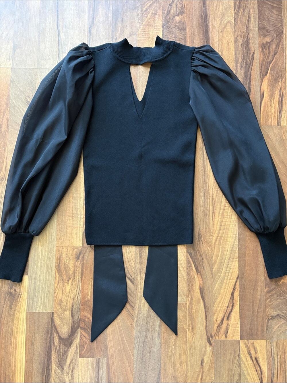 bebe Black Puff-Sleeve Keyhole Tie-Back Top Size S